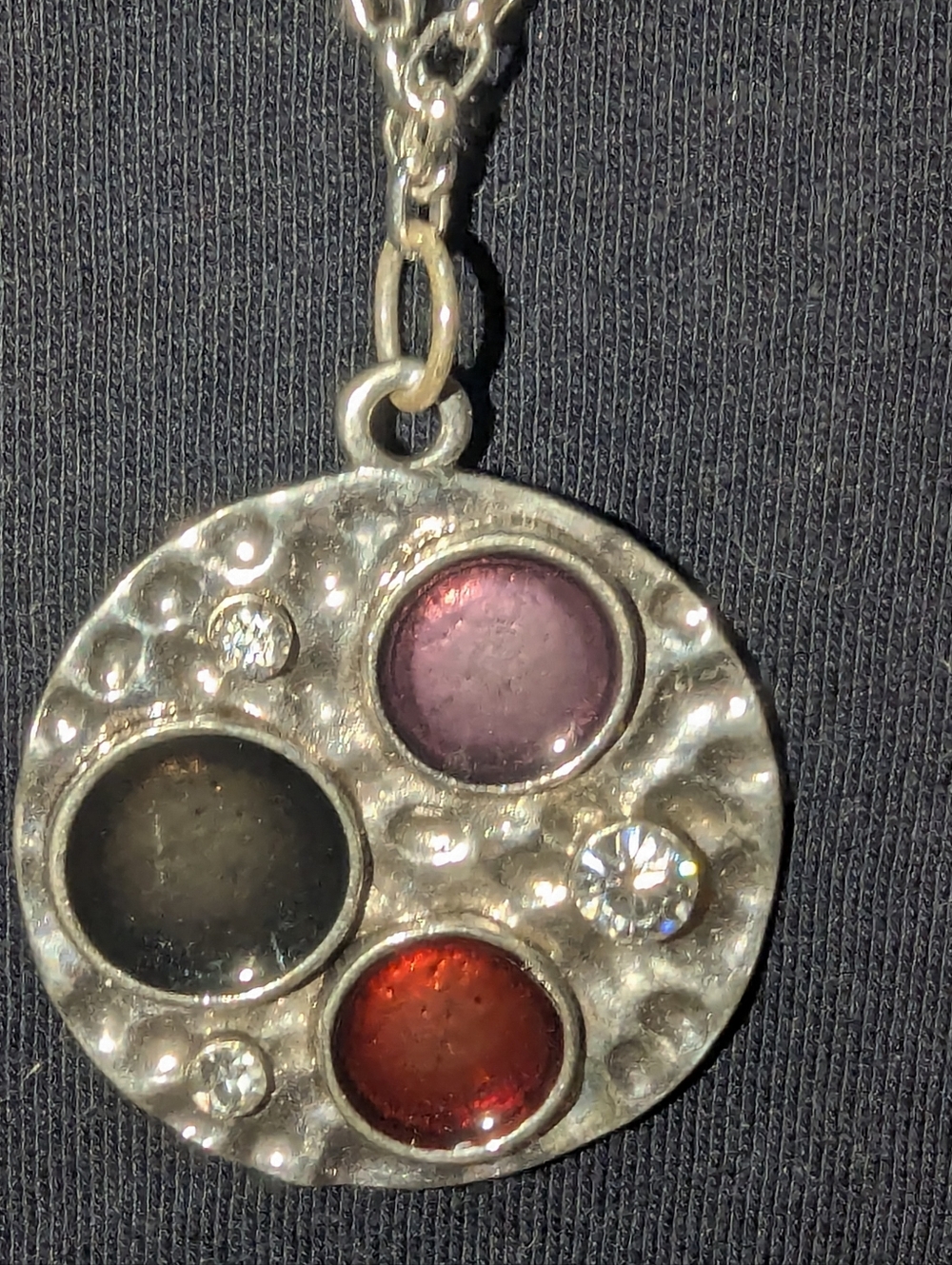 Vintage 90s Boho-Chic Celestial Hammered Silver Pendant Necklace – Multi-Stone - Picture 2 of 4